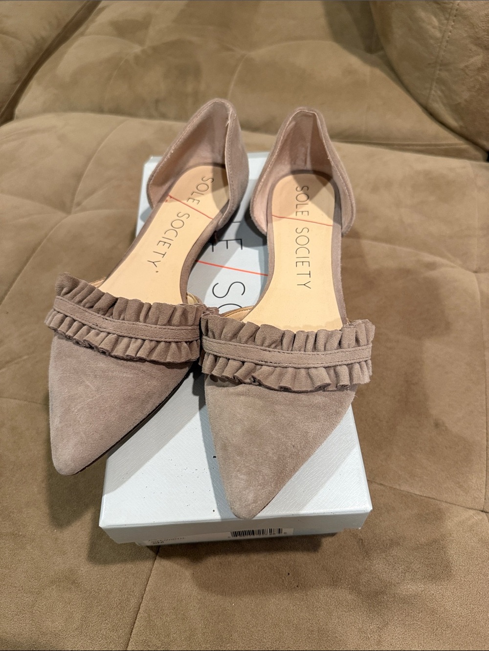 Sole Society Taupe Suede Ruffle Pointed Rosalind Flats
